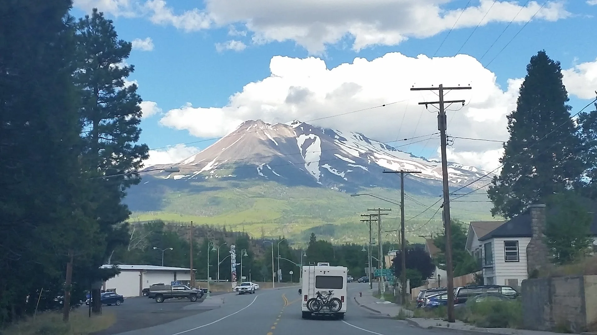 view of Mt Shasta from downtown Weed